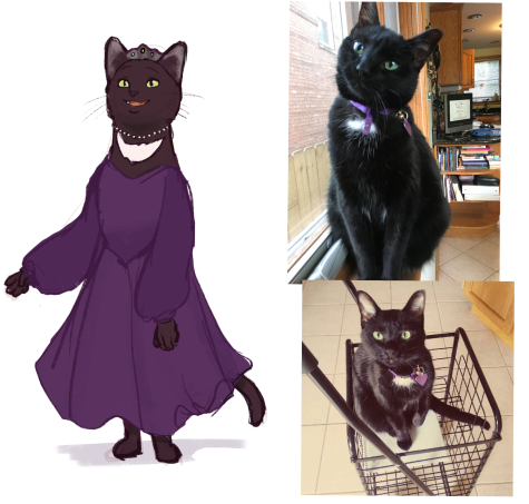 a beautiful black cat in a flowing purple dress fit for a queen