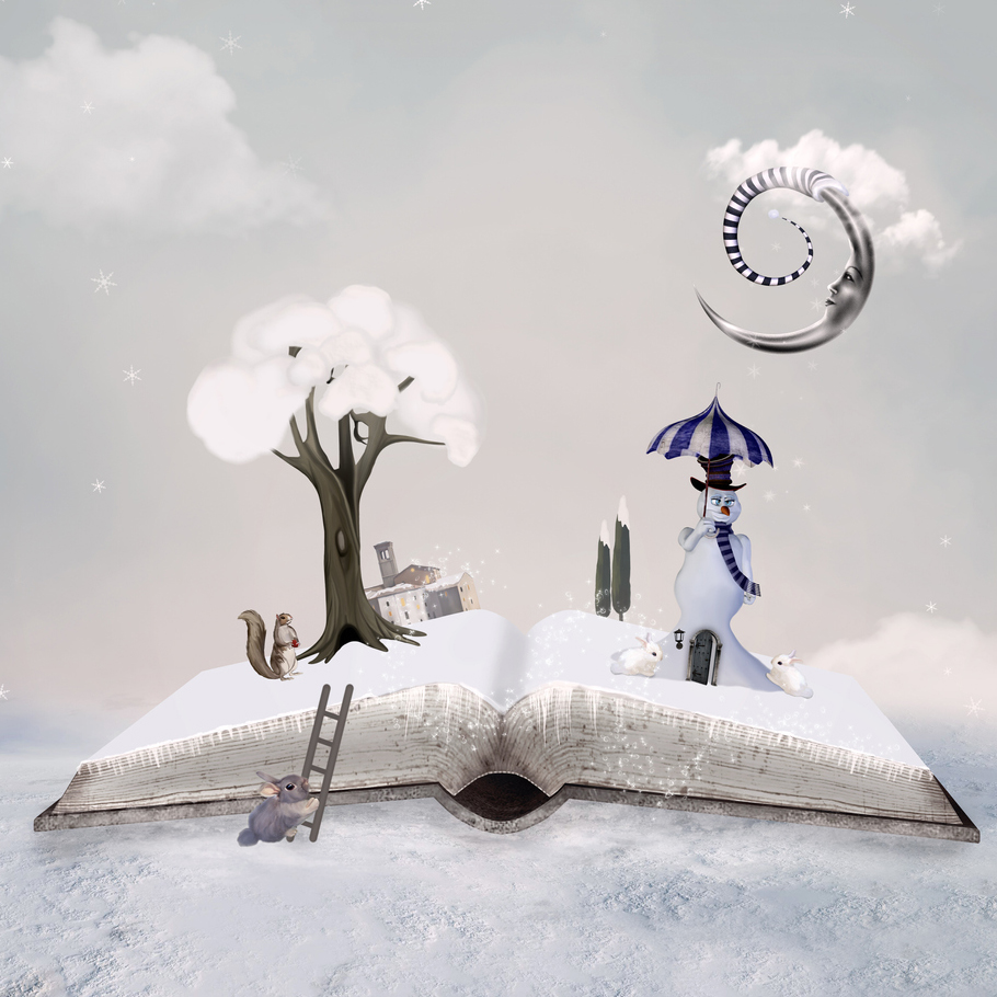 Open book with winter objects