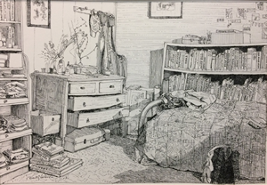 Pen and ink drawing of a bedroom