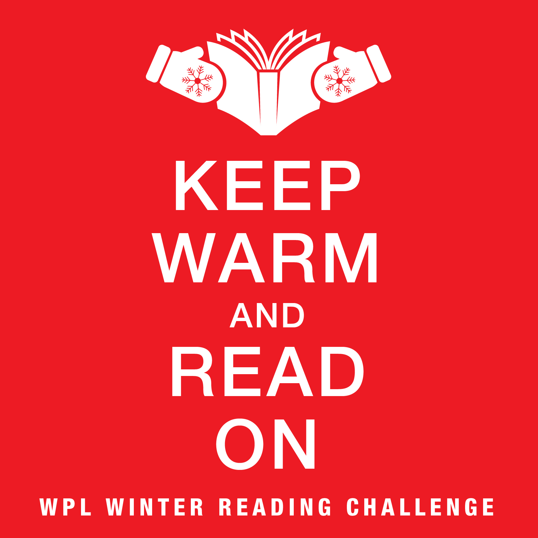 "Keep Warm and Read on" text with mittens and book icon above 