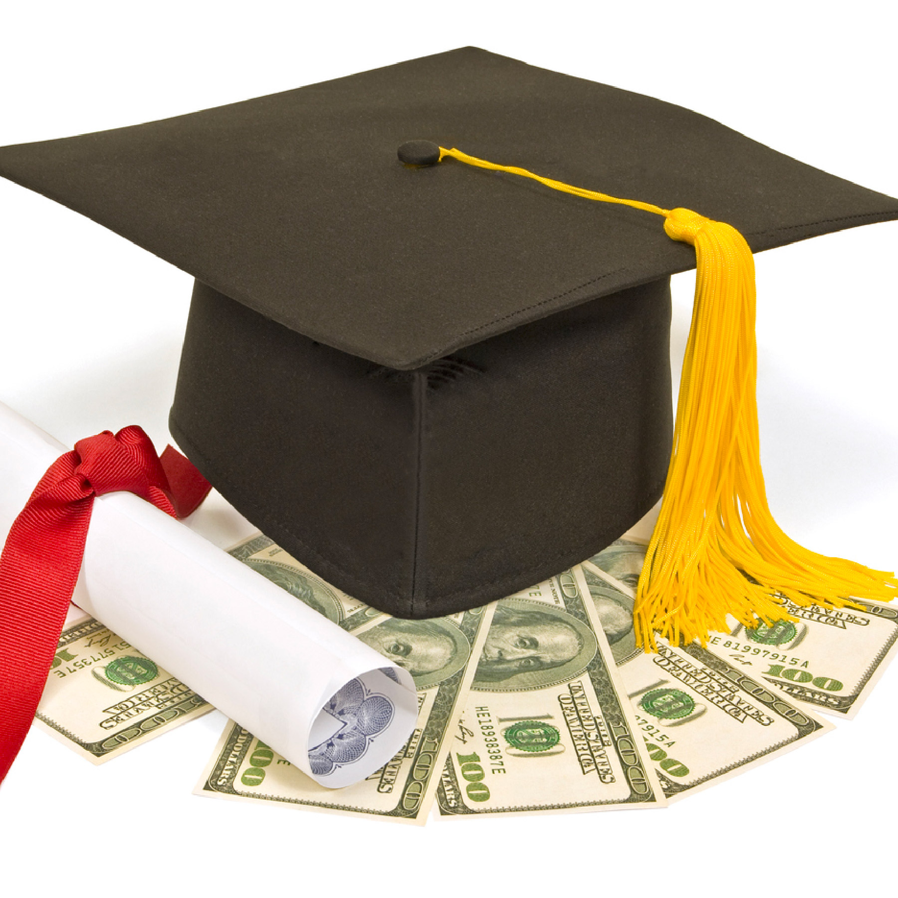 Graduation cap and diploma on top on money