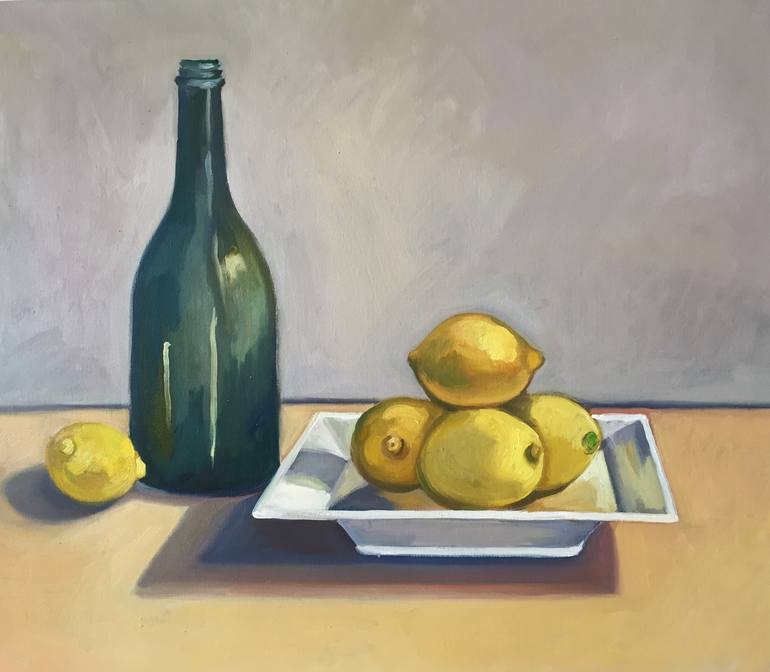 a still life painting of a green bottle with lemons on a white plate