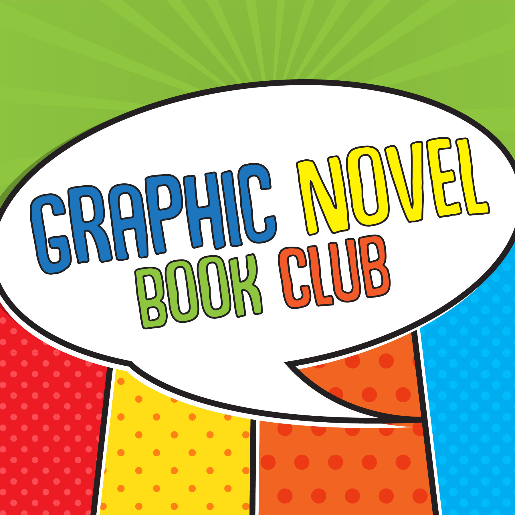 "Graphic Novel Book Club" text in a cartoon speech bubble