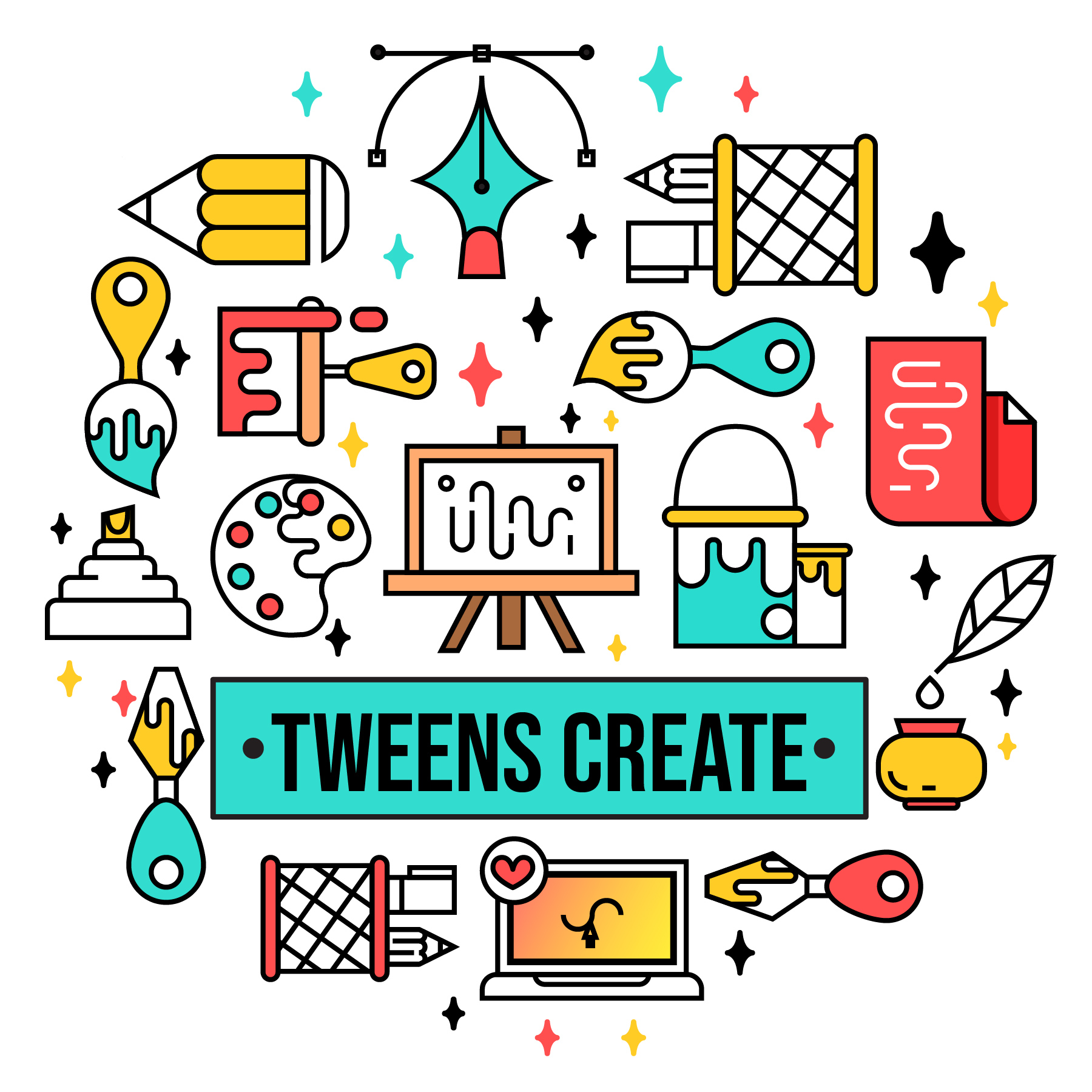 "Tweens Create" text surrounded by crafting objects