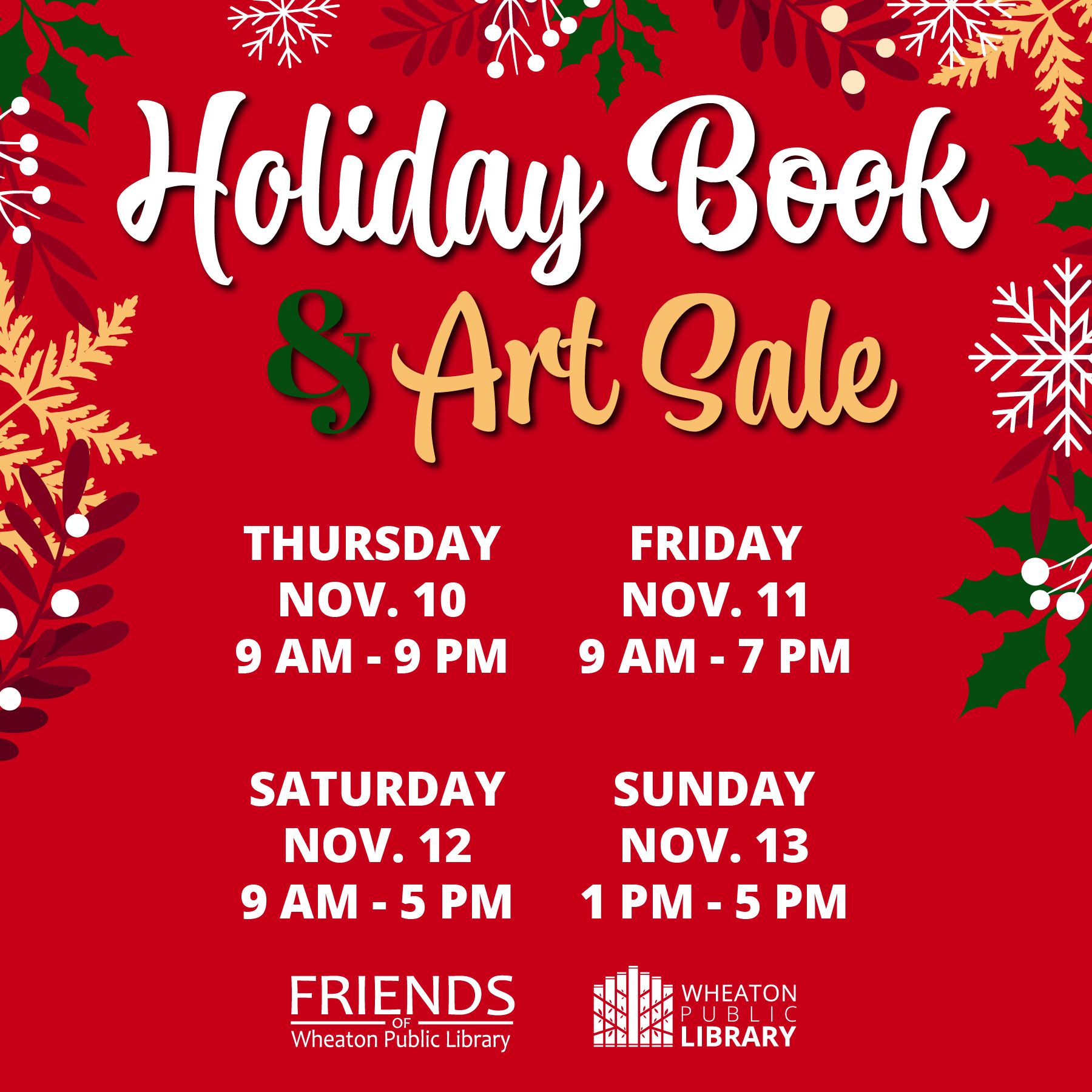 "Holiday Book & Art Sale" text on a red background with snowflakes and greenery