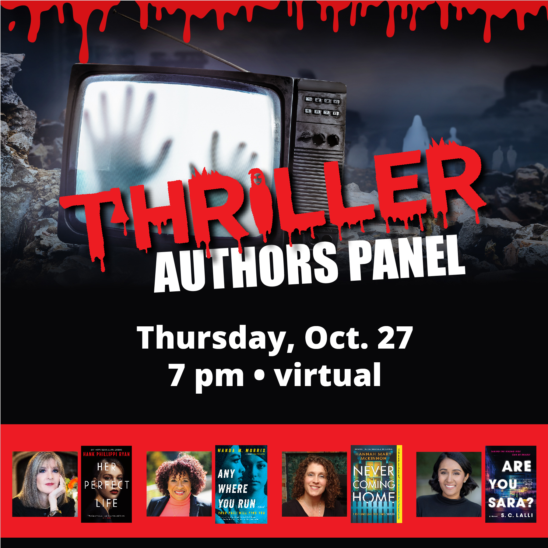 "Thriller Author Panel" text above author images and their books