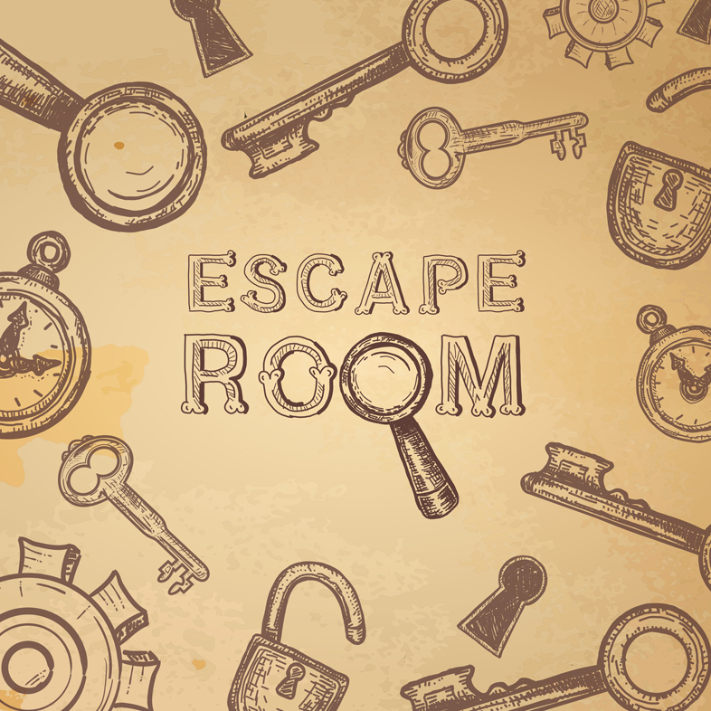 "Escape Room" text surrounded by lock and key icons