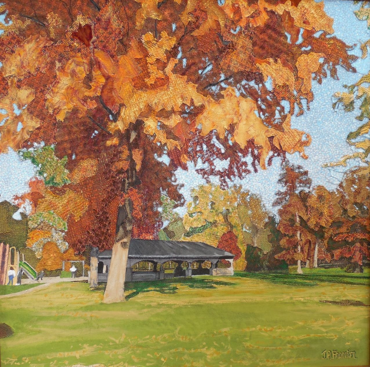 Fabric painting with fall trees and pavilion