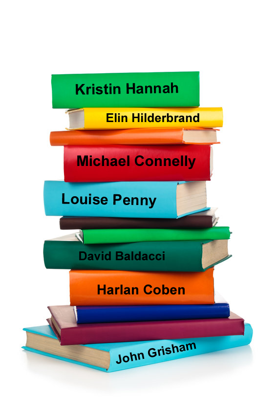 Stack of books with popular author names