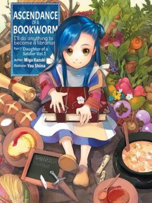 Book cover: a young girl with blue hair sits surrounded by various food dishes and items for daily life, while she holds a thick, leather-bound book.