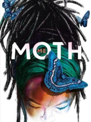 Book Cover. Girl with braids and green headband with blue moth.