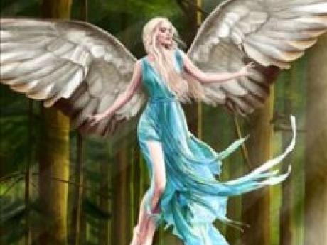 A woman with pale hair and feathered, cream-colored wings flies through a forest.