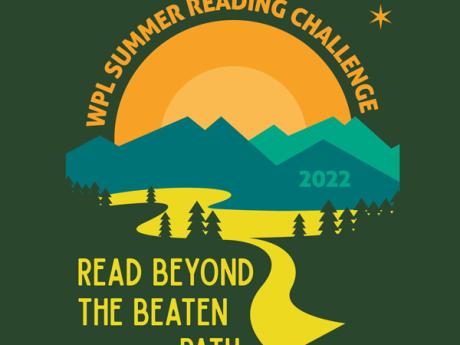 Summer Reading Challenge logo which features a mountain, sunset, trees, and stream
