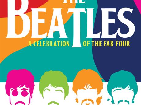 "The Beatles" text against a colorful background with the Beatles below