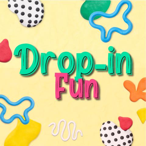 "Drop-in Fun" text with colorful shapes behind text