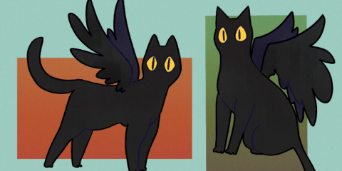 two black cats with wings illustrated in a cartoony style