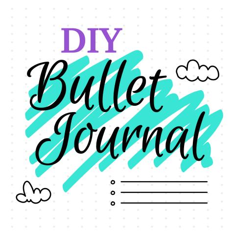 "DIY Bullet Journal" text on white background with clouds and bullet list