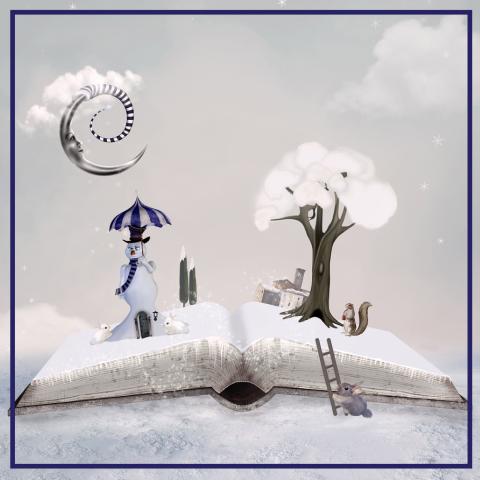 Open book with winter objects