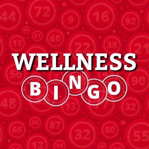 "Wellness Bingo" text on a red bingo ball background