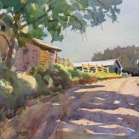 Watercolor landscape painting on building, road, and trees