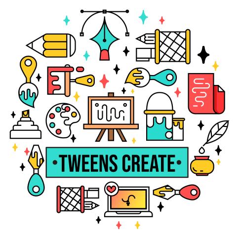 "Tweens Create" text surrounded by crafting objects