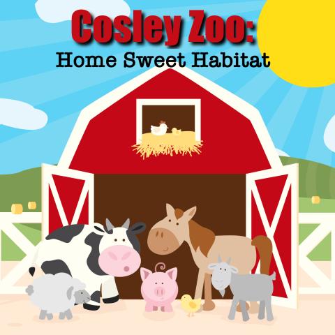 Cartoon farm animals outside a barn