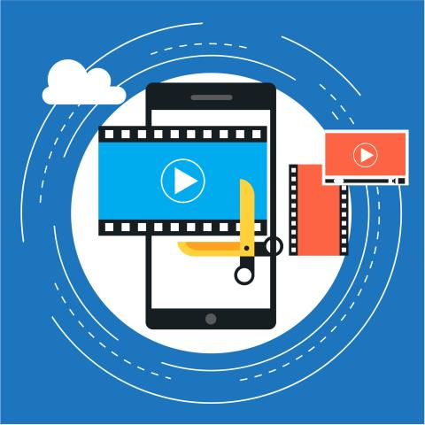 Graphic of smart phone with a film clip and scissors 
