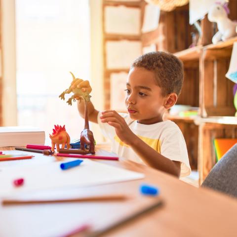 Child playing with dinosaur toys