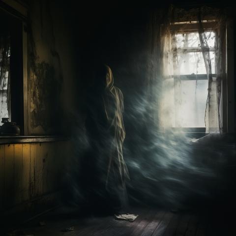 Cloaked figure in abandoned house