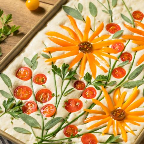 Focaccia decorated with vegetables