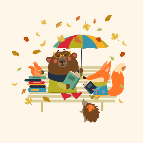 Animals reading on a bench