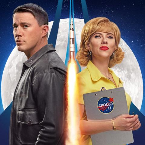 actors Channing Tatum and Scarlett Johansson with moon and rocket 