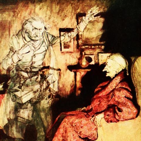 vintage rendering of Scrooge and ghost from A Christmas Carol