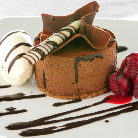 Chocolate mousse dessert decorated with chocolate