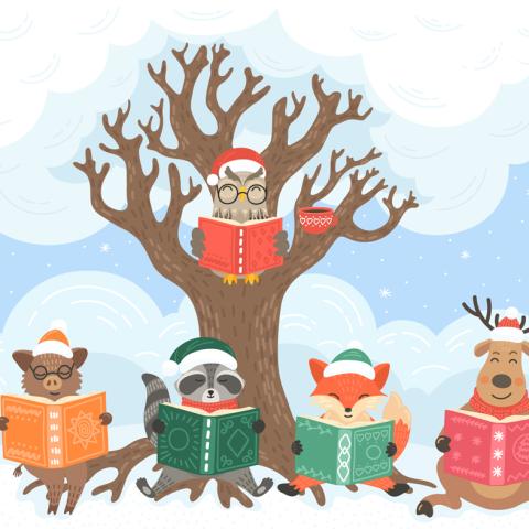 animals reading in front of winter backdrop