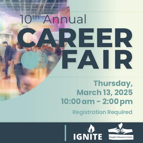 "10th Annual Career Fair" text over image of people at a career fair