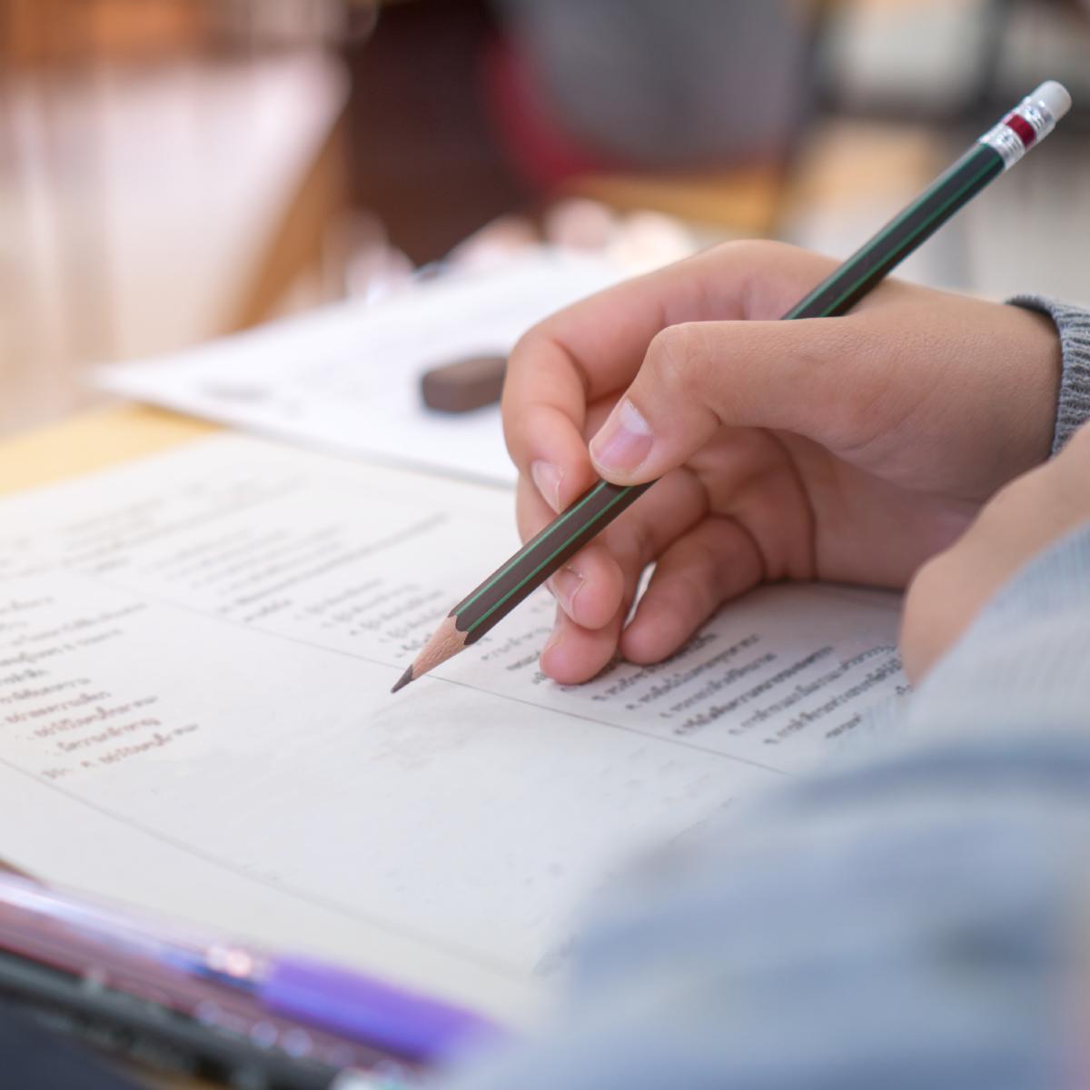 Person holding pencil with notebook open