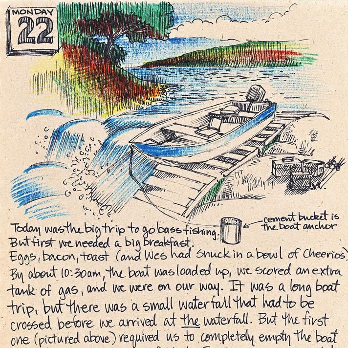 Travel sketch journal page with boat and text